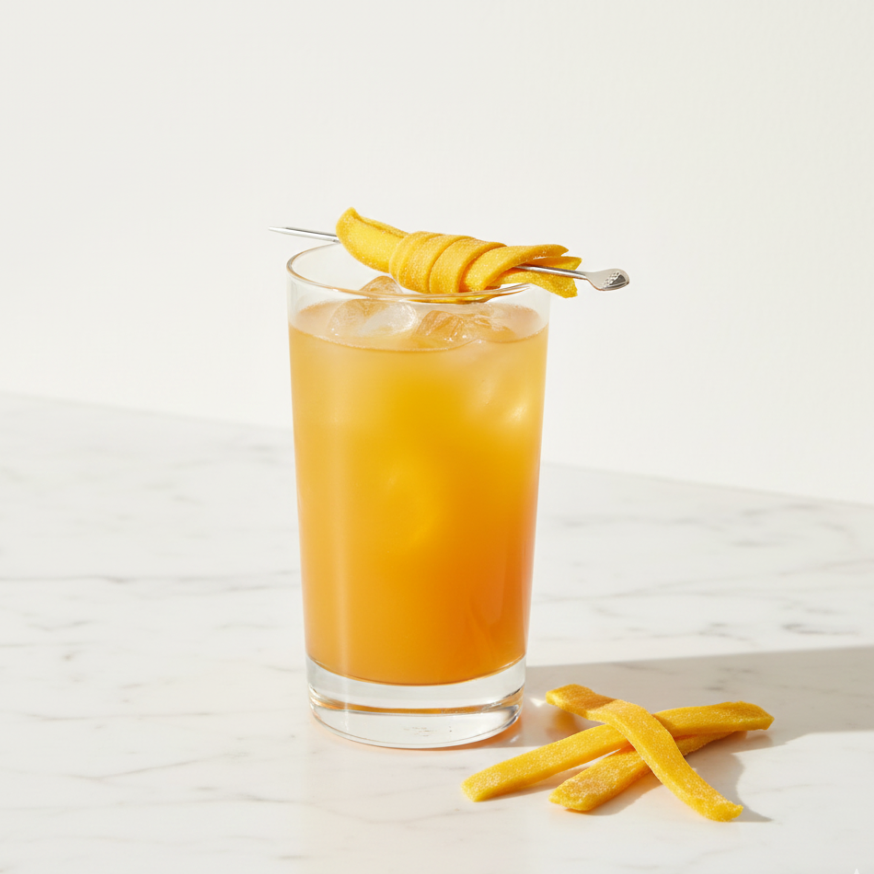 Glass of orange juice with a slice of mango on a white background
