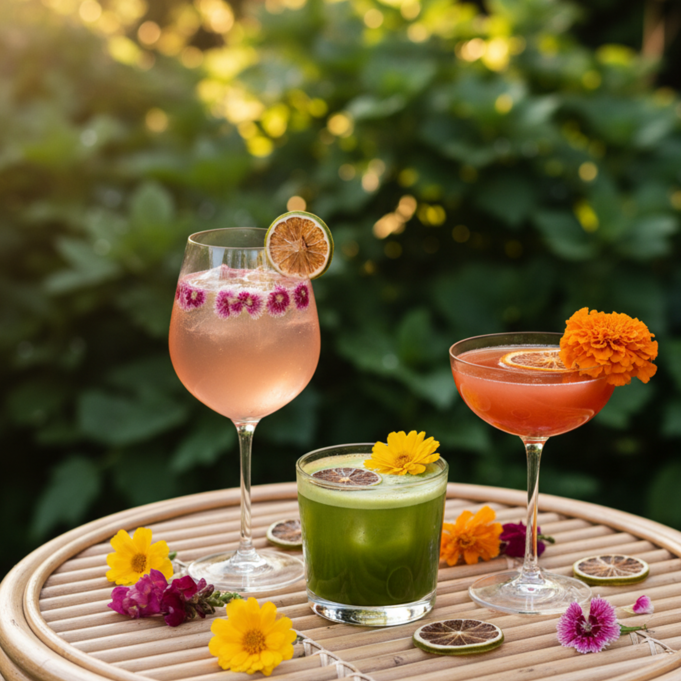 Elegant pink cocktail served in a tall glass with a dried orange slice, dried lavender stem, and white Dendrobium orchid garnish. Surrounded by white orchids and dried lime slices on a wedding table with soft floral décor in the background.