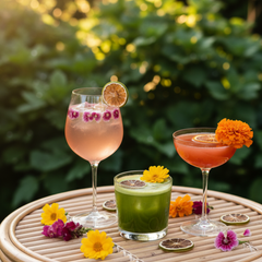 Elegant pink cocktail served in a tall glass with a dried orange slice, dried lavender stem, and white Dendrobium orchid garnish. Surrounded by white orchids and dried lime slices on a wedding table with soft floral décor in the background.
