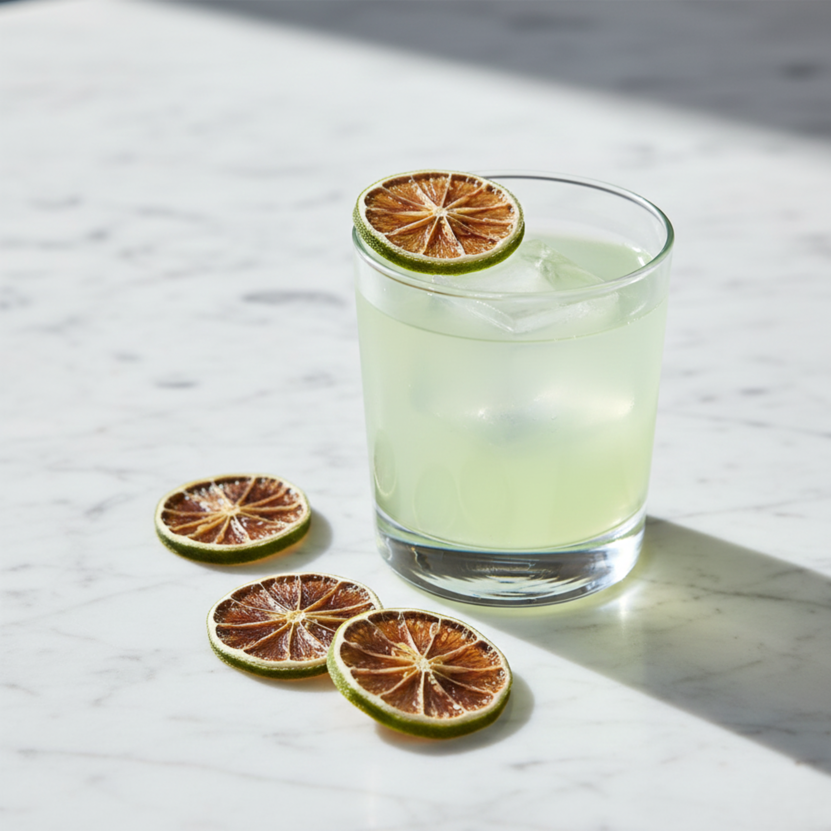 Glass of lemonade with lemon slices on a marble surface