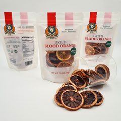  3 resealable bags of premium dried blood orange wheels with rich color and tart citrus flavor