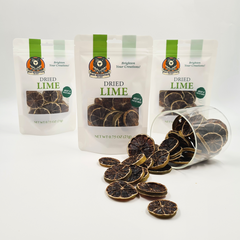  Deep-colored dried lime wheels in travel-friendly resealable pouches