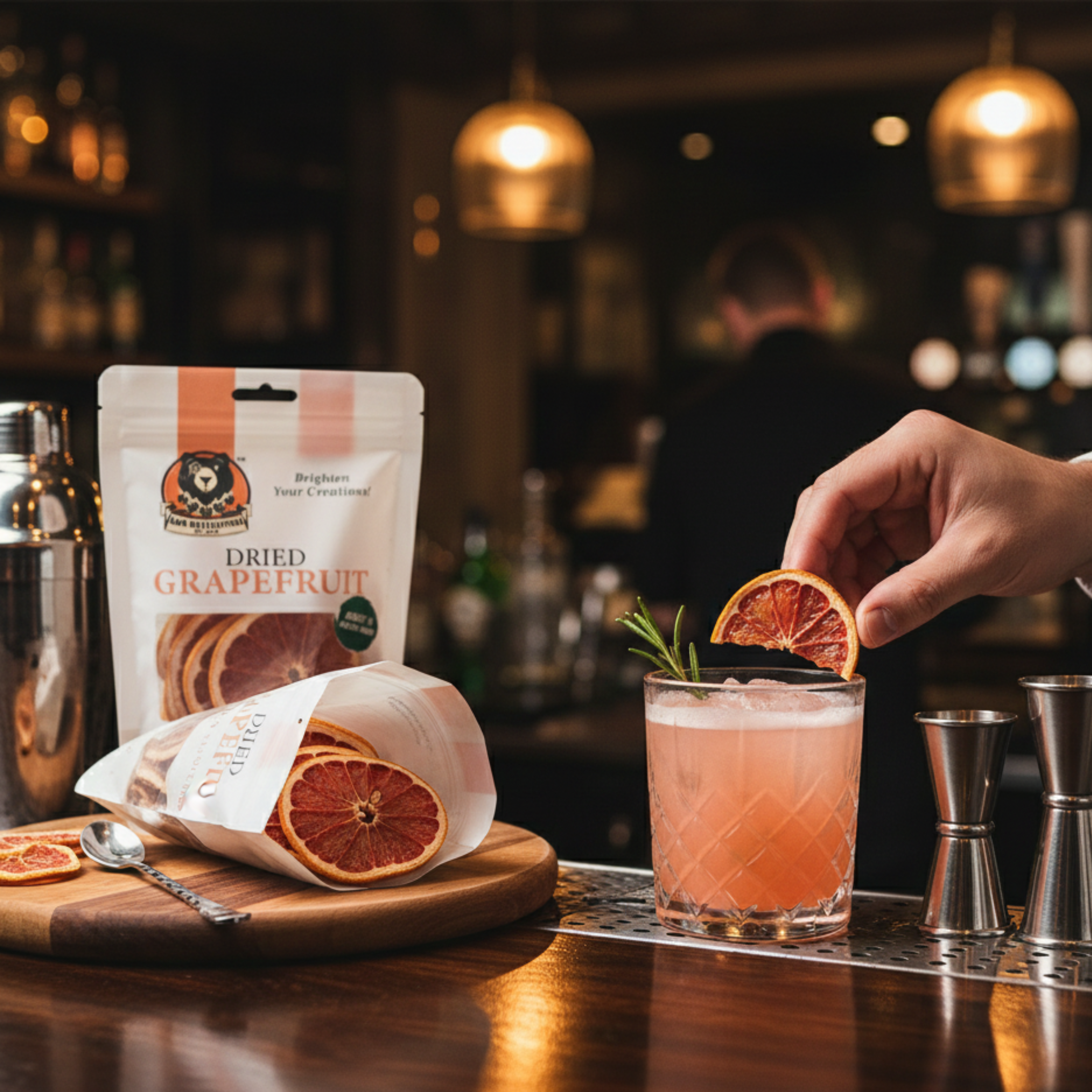 Person preparing a cocktail with dried grapefruit on a bar counter, featuring a package of dried grapefruit.