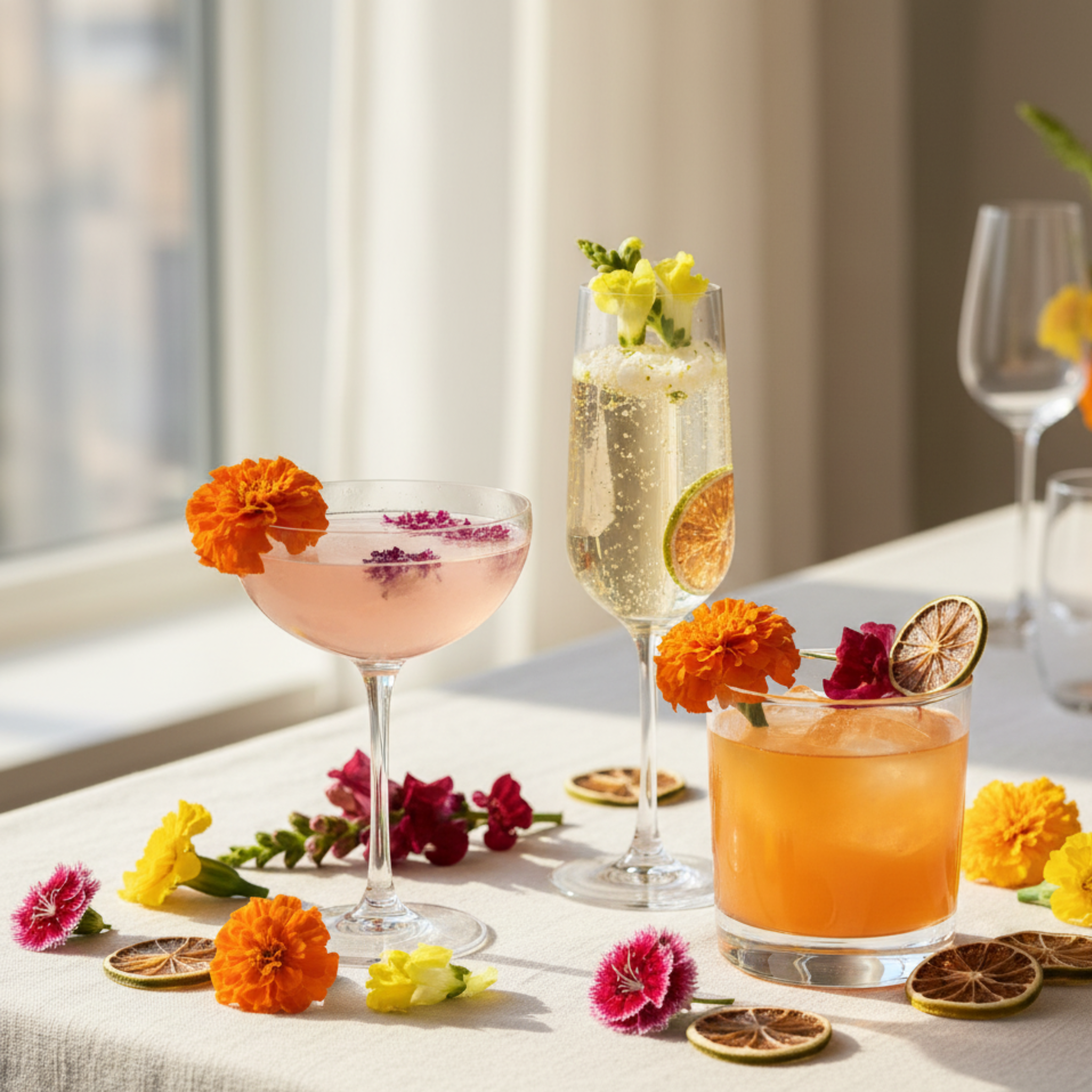 Trio of elegant cocktails displayed in natural sunlight — each decorated with bright marigold, snapdragon, and carnation flowers plus dried lime slices. Styled on a white tablecloth for a luxurious daytime brunch or event cocktail showcase.