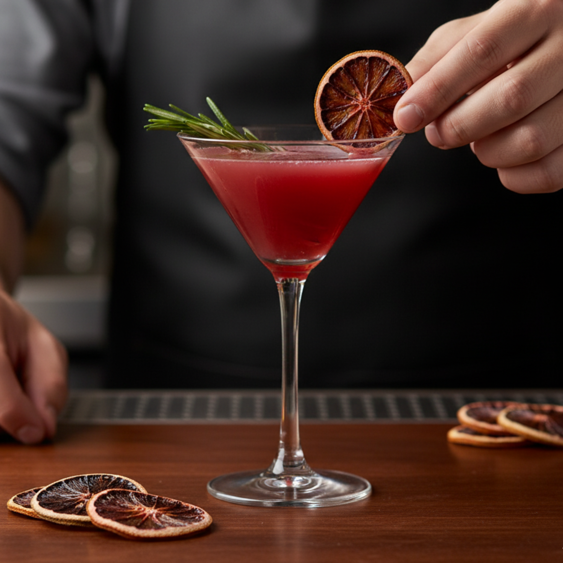 Red cocktail with dried blood orange garnish on a wooden bar, with a blurred background. Bar Necessities