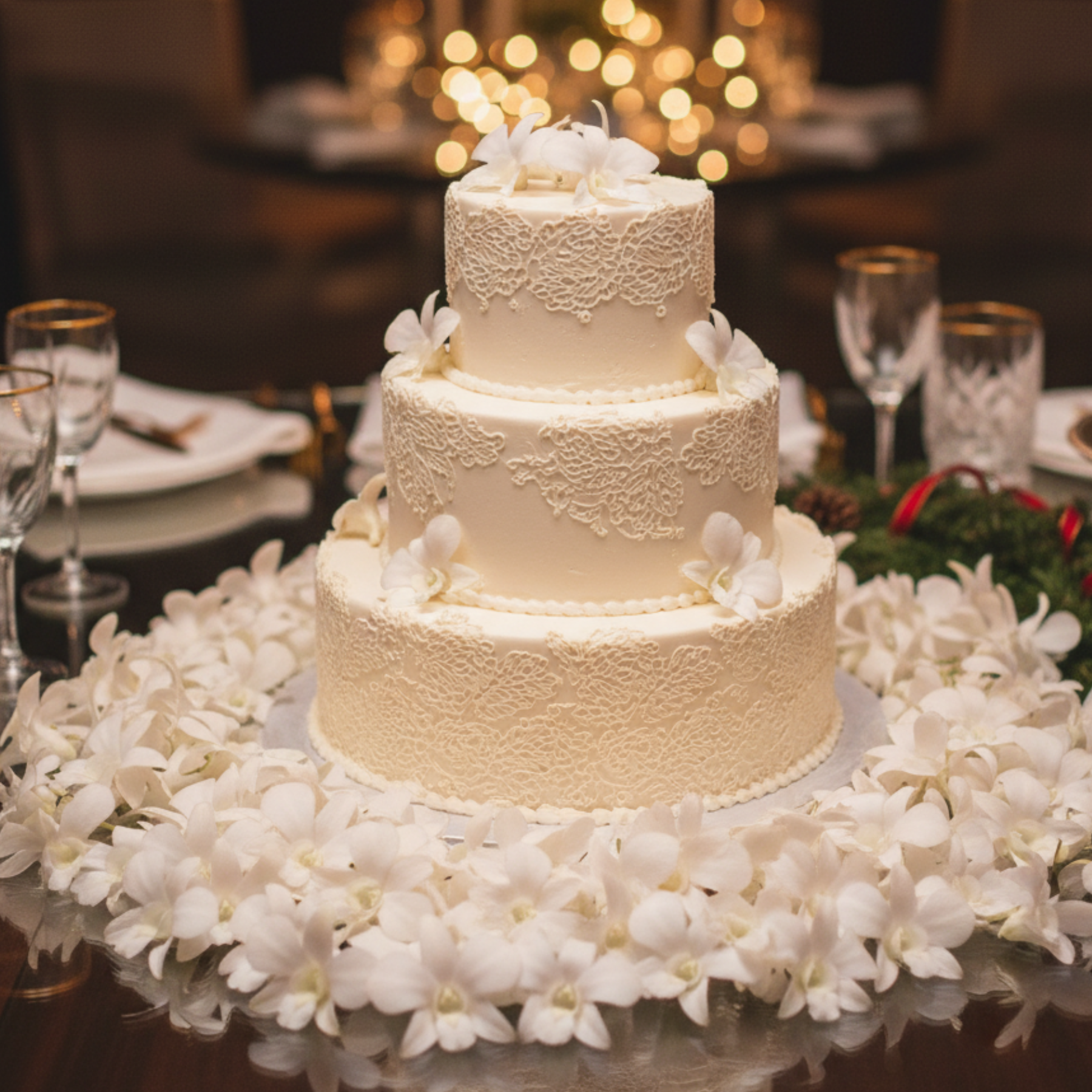 Three-tiered wedding cake with floral decorations on a table with white flowers and glasses.