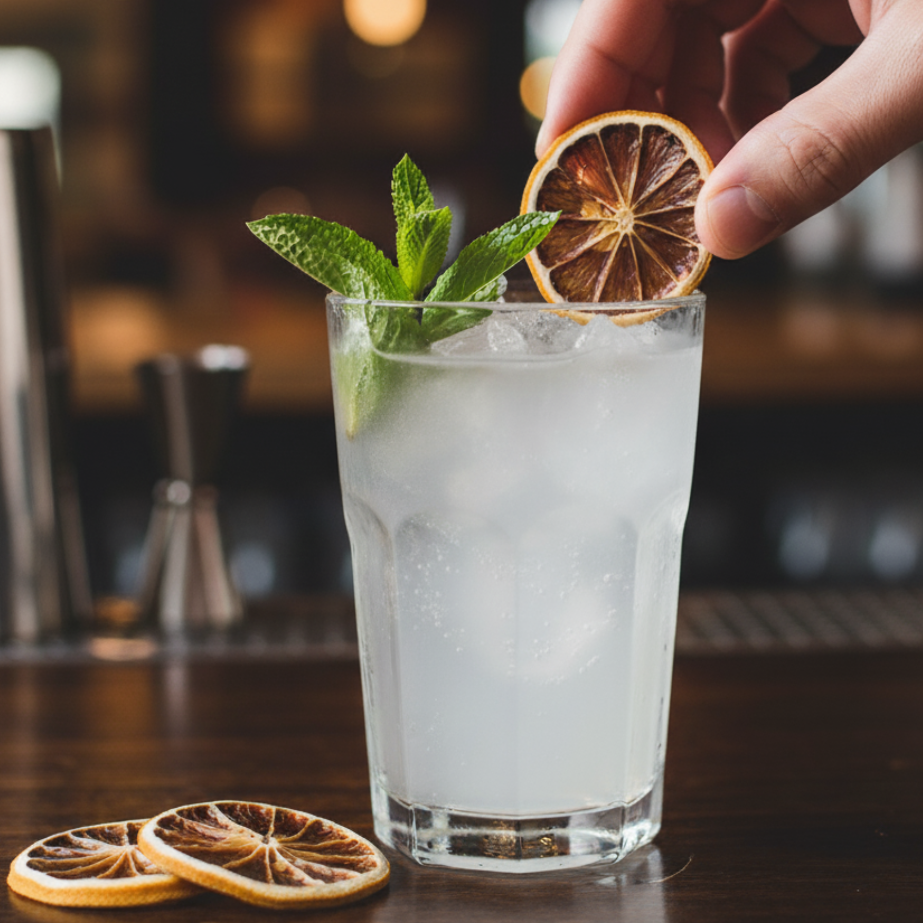 Cocktail with lemon slices and mint leaves on a bar counter