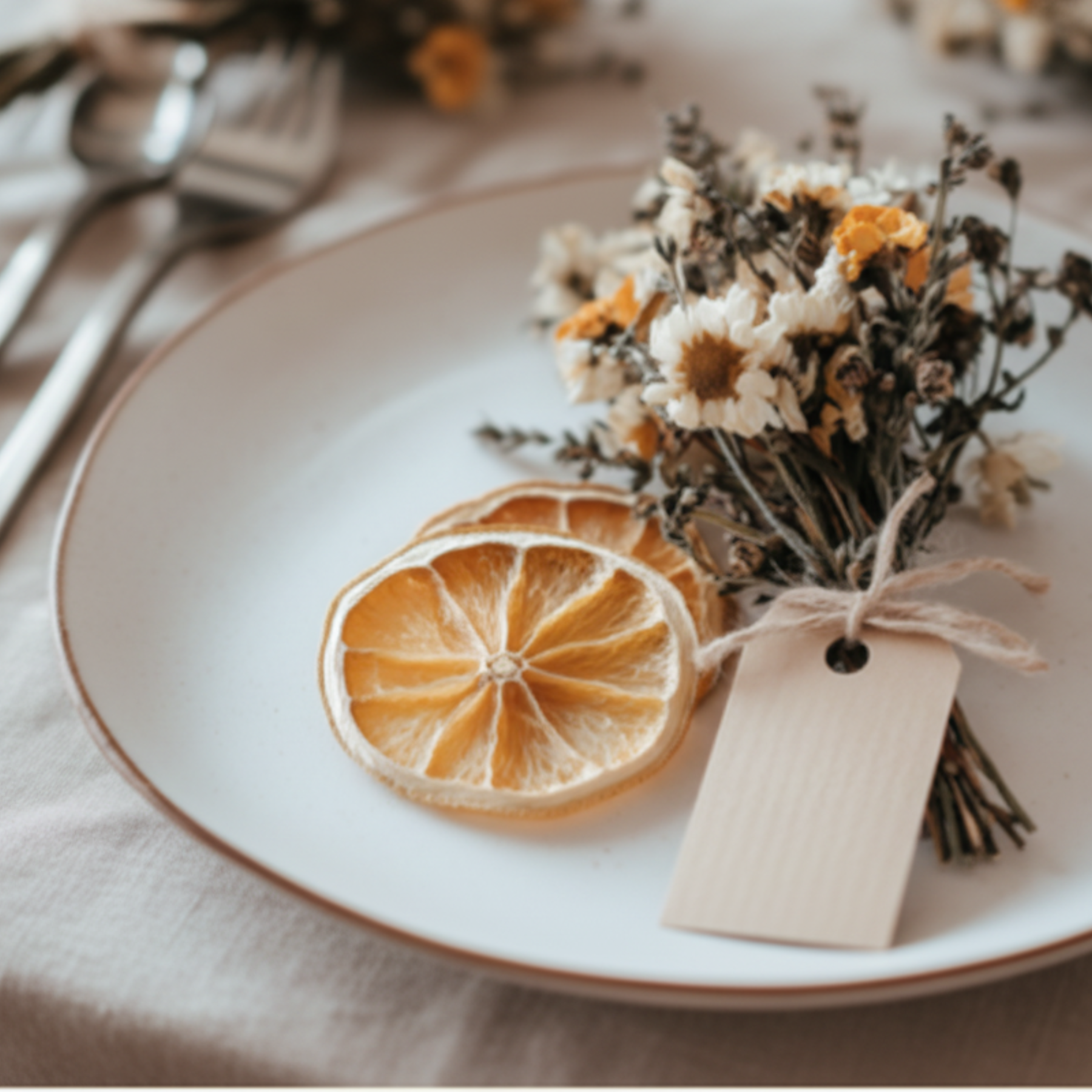 Dried oranges and flowers on a plate with a tag, set against a tablecloth. Bar Necessities