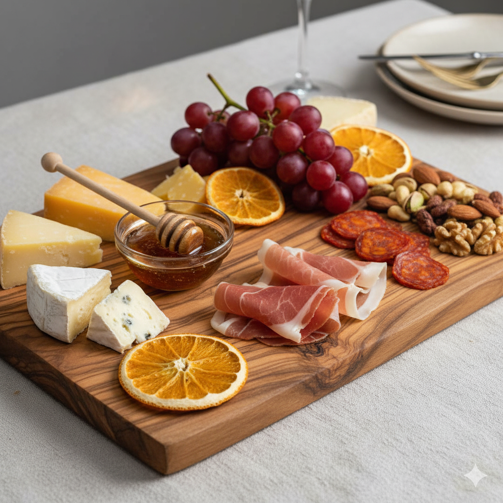 Wooden charcuterie board with Dired Orange Slices as decorations cheese, cured meats, fruits, and nuts on a light surface. Bar Necessities