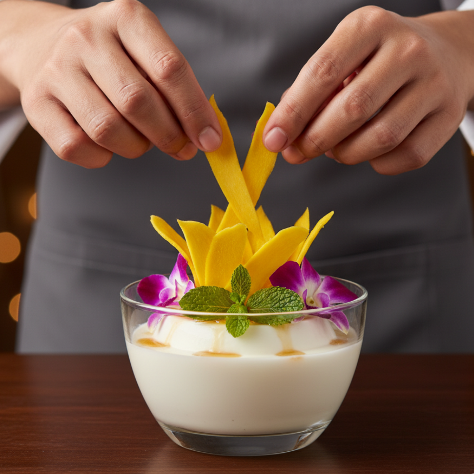 Person garnishing a dessert with dried mango strips and purple flowers in a glass bowl.
