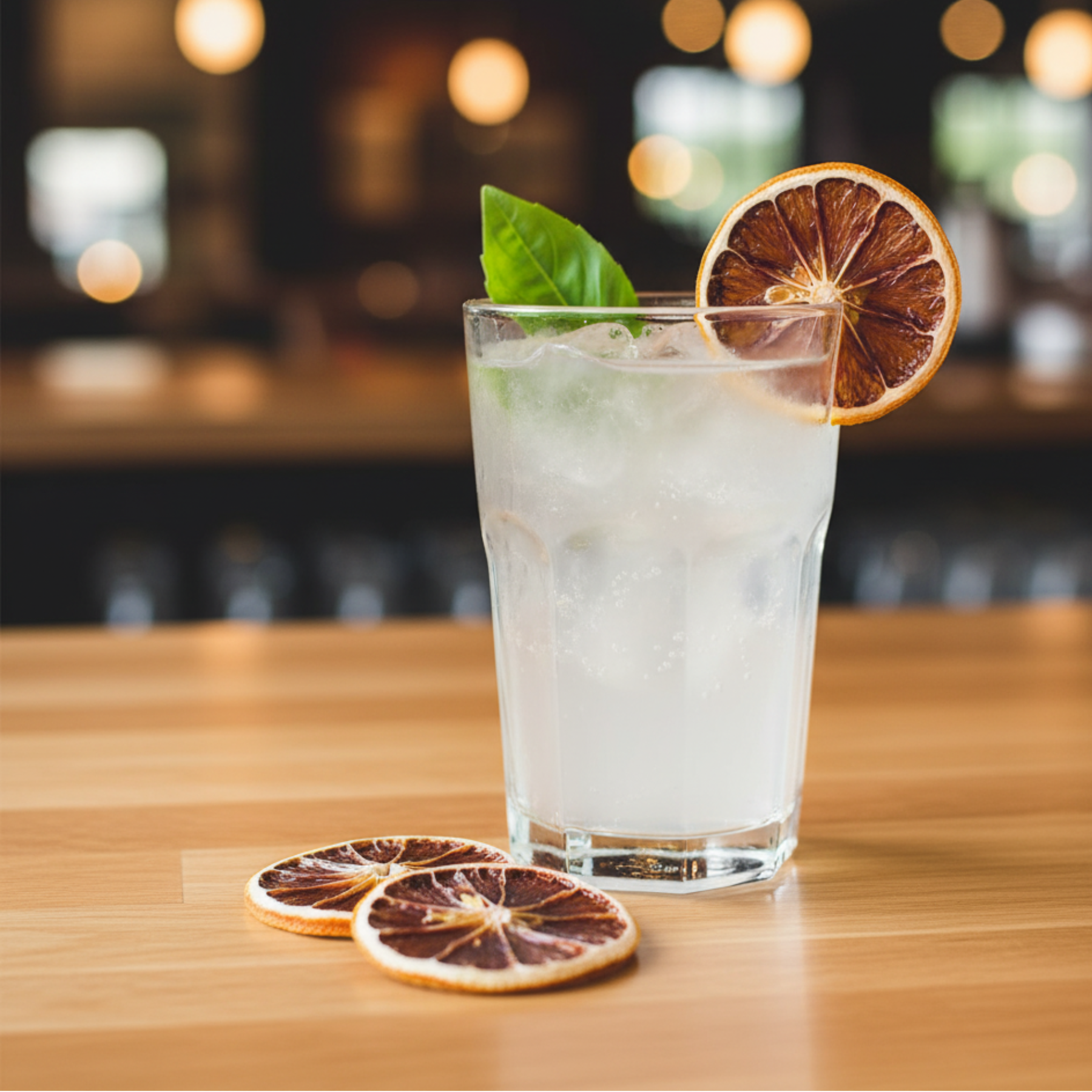 Cocktail with ice and garnish on a wooden table with a blurred bar background