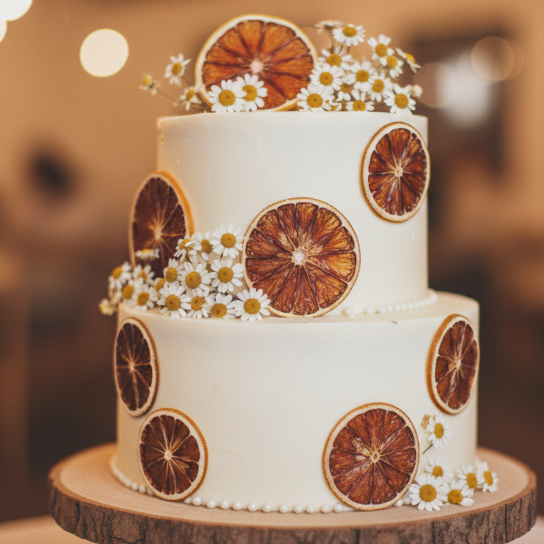 Two-tiered cake decorated with dried orange slices and white flowers on a wooden stand. Bar Necessities