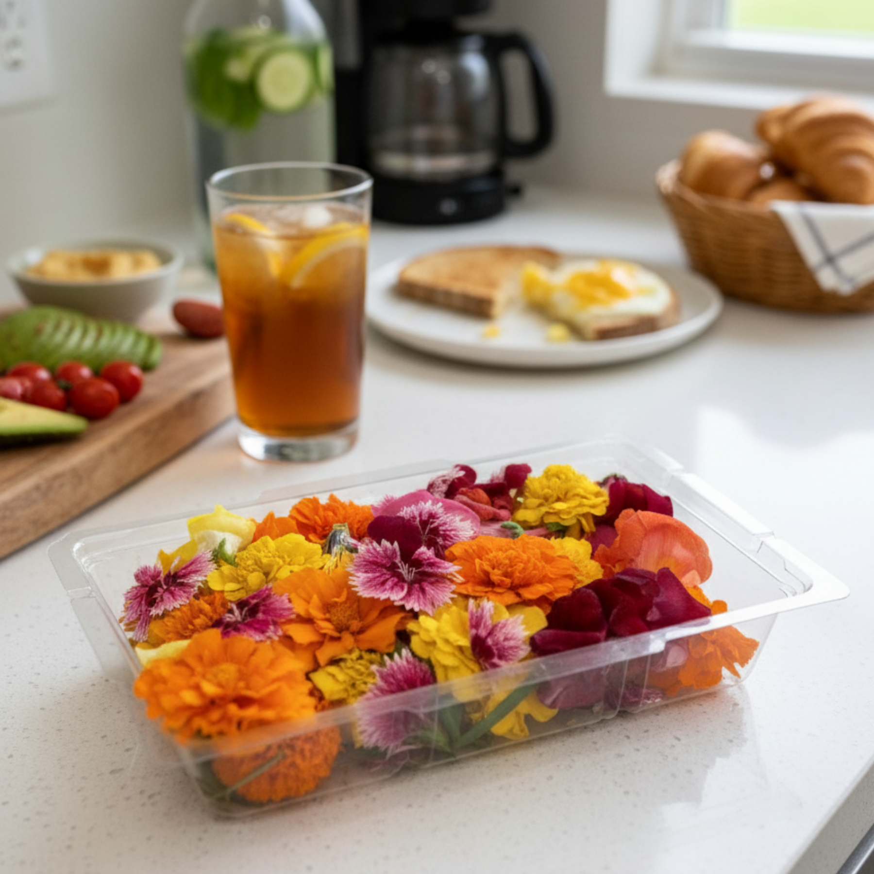A fresh green salad served on a white plate is topped with slices of avocado, cucumber ribbons, cherry tomatoes, walnuts, feta cheese crumbles, and a colorful mix of edible flowers in orange, pink, and yellow. The background shows a charcuterie board and other flower-topped dishes, creating a refined and appetizing dining scene. Perfect for chefs, food stylists, and home entertainers looking to add natural elegance to healthy meals.