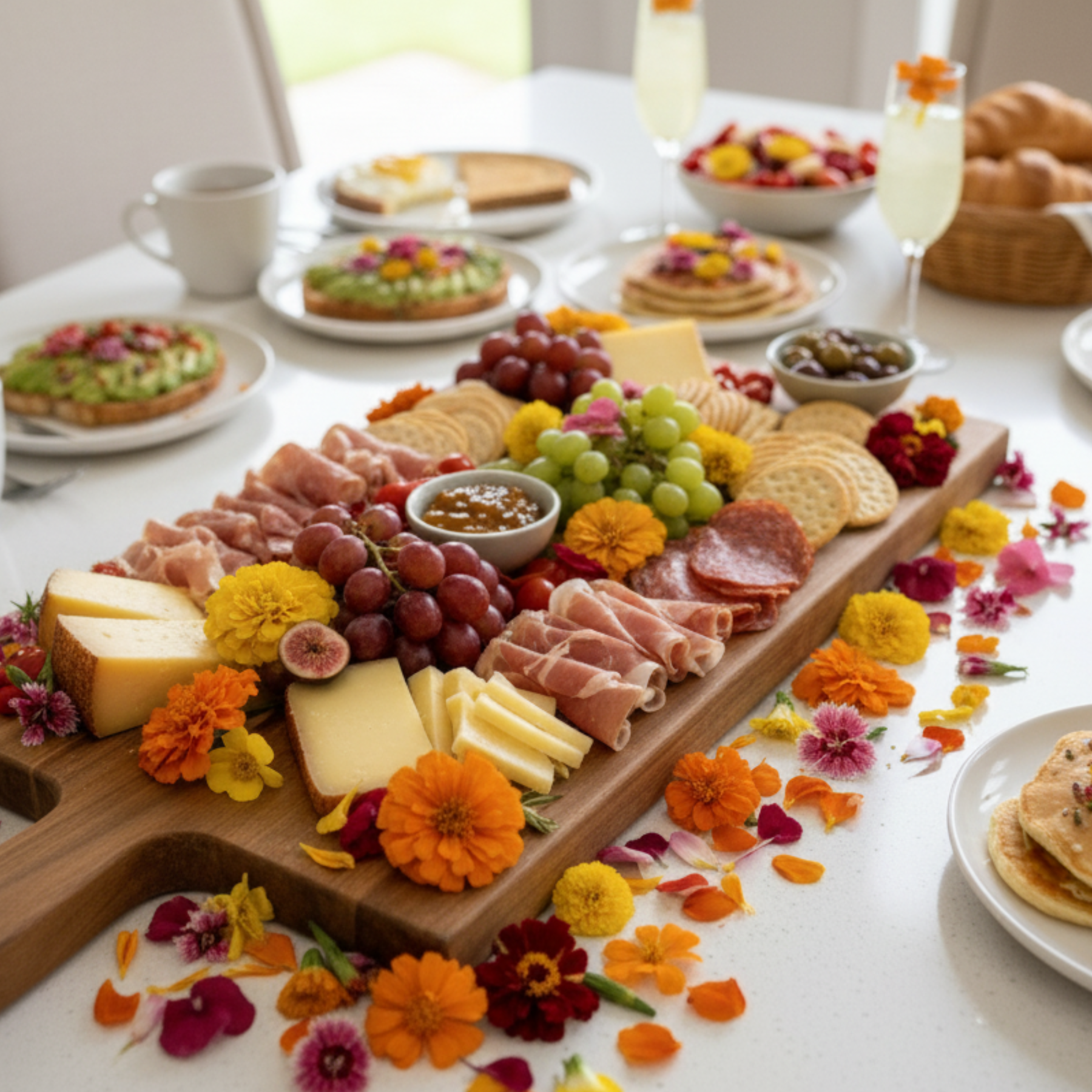 Assorted meats, cheeses, and fruits on a wooden board with flowers on a table.