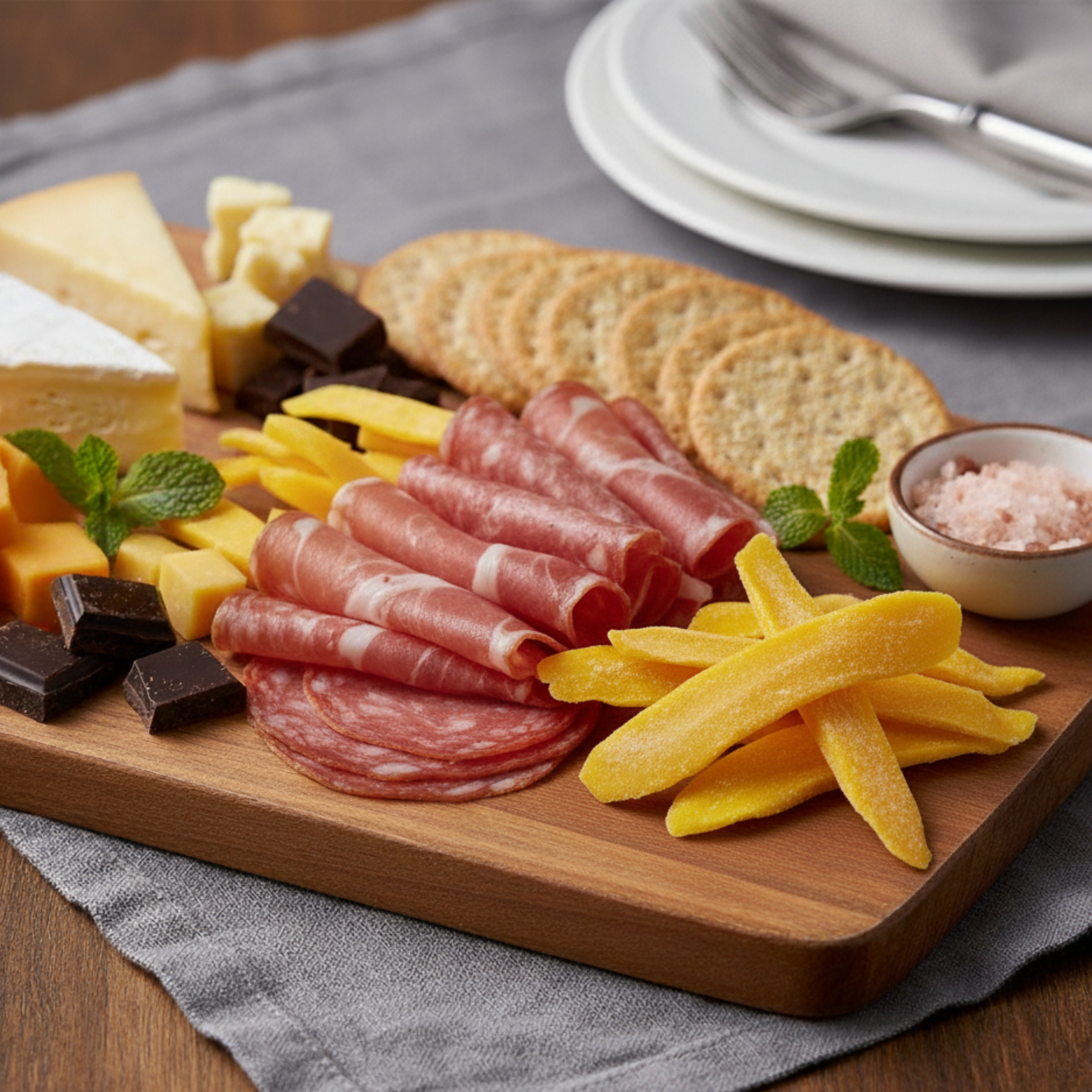 Wooden charcuterie board with sliced meats, cheese, crackers, and fruit on a gray cloth.