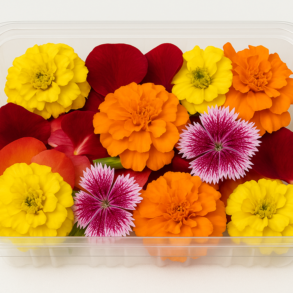 Assorted fresh blooms in vibrant colors, hand-packed and ready to garnish