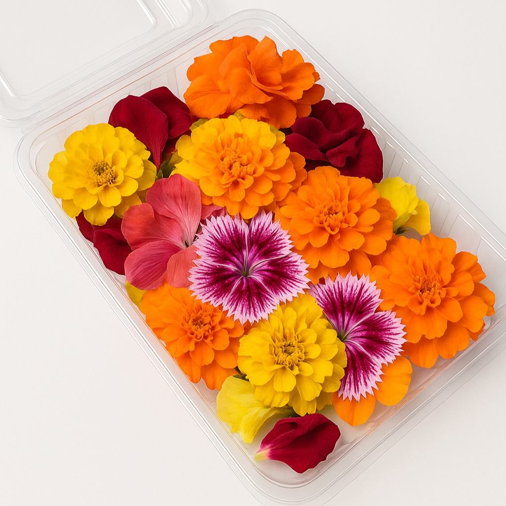  Fresh edible flowers featuring rose, marigold, and dianthus for decorative food use