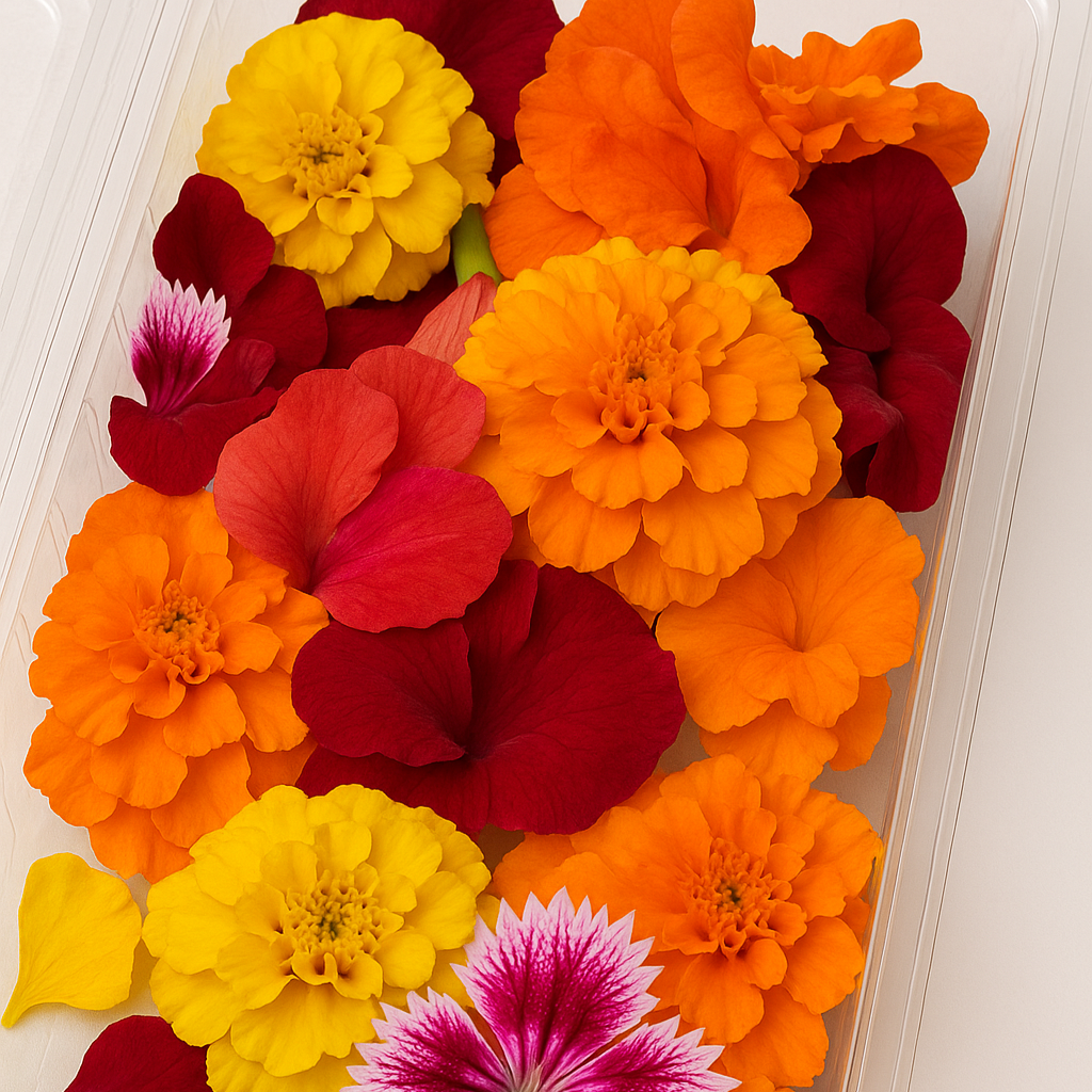 Gourmet flower mix with colorful petals for upscale plating and botanical cocktails