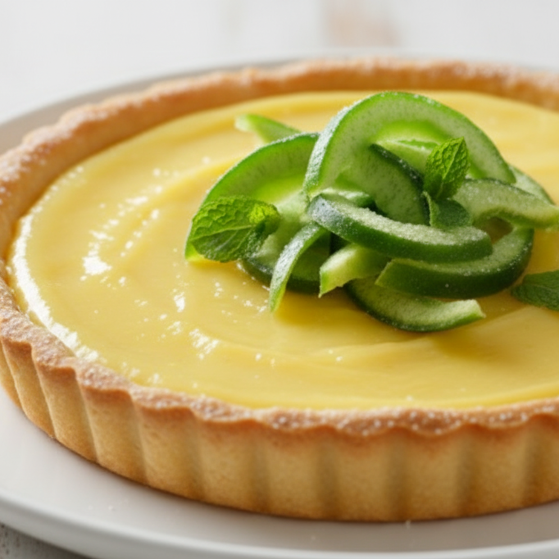 Lemon tart with pomelo slices and mint leaves on a white plate