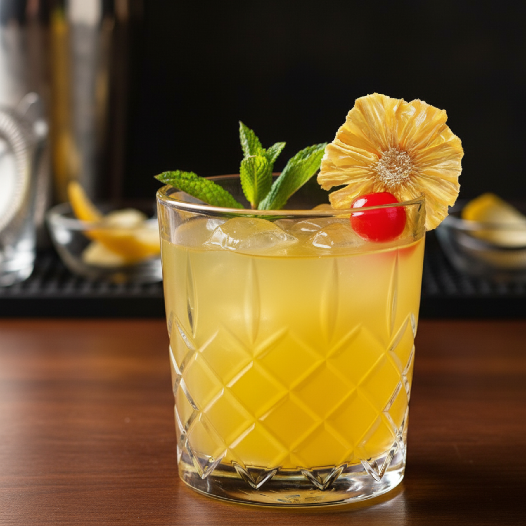 Yellow cocktail with pineapple garnish and cherry on a wooden surface