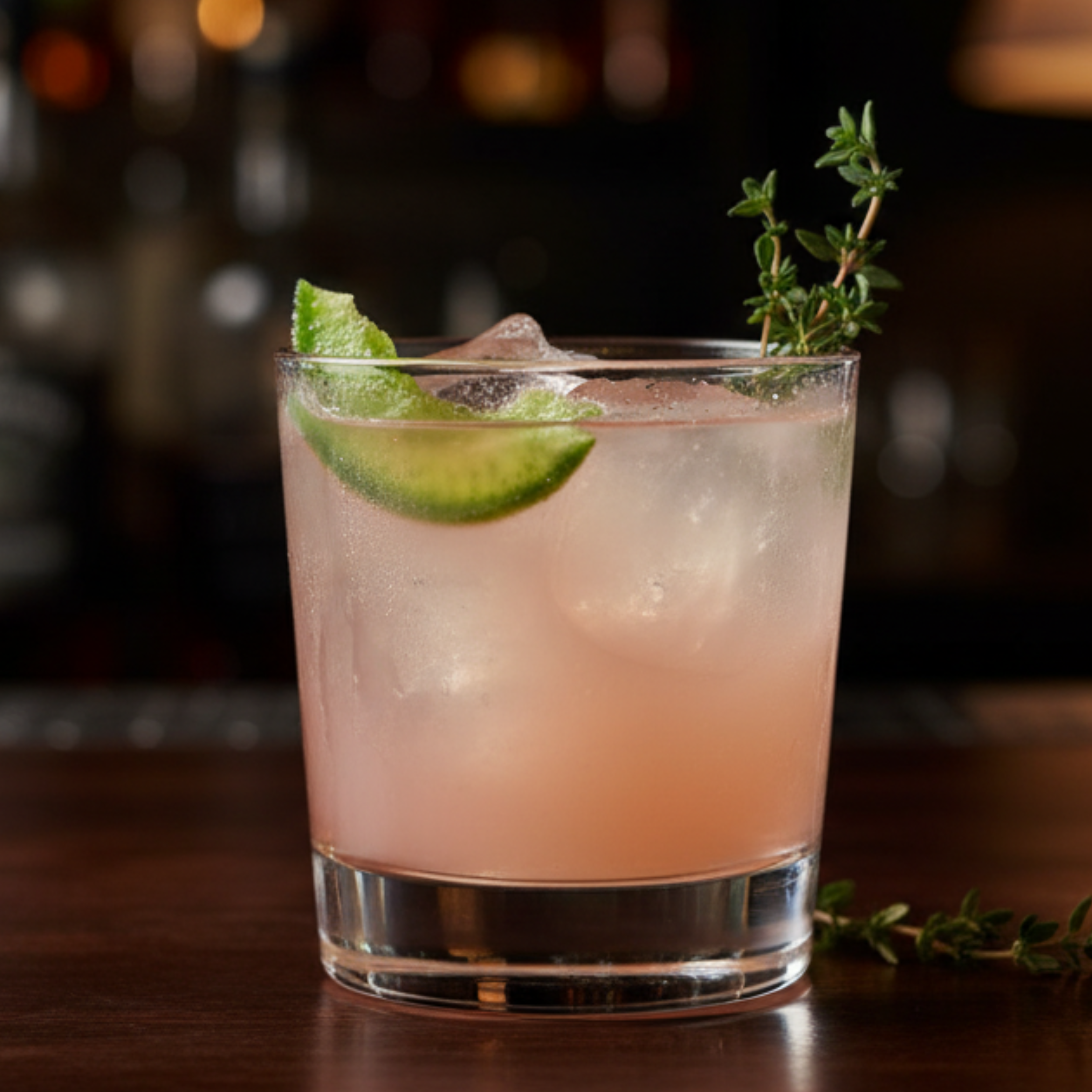 Refreshing pale pink cocktail garnished with fresh pomelo peel and thyme sprig, served in a lowball glass on a dark wooden bar for a sophisticated minimal look.