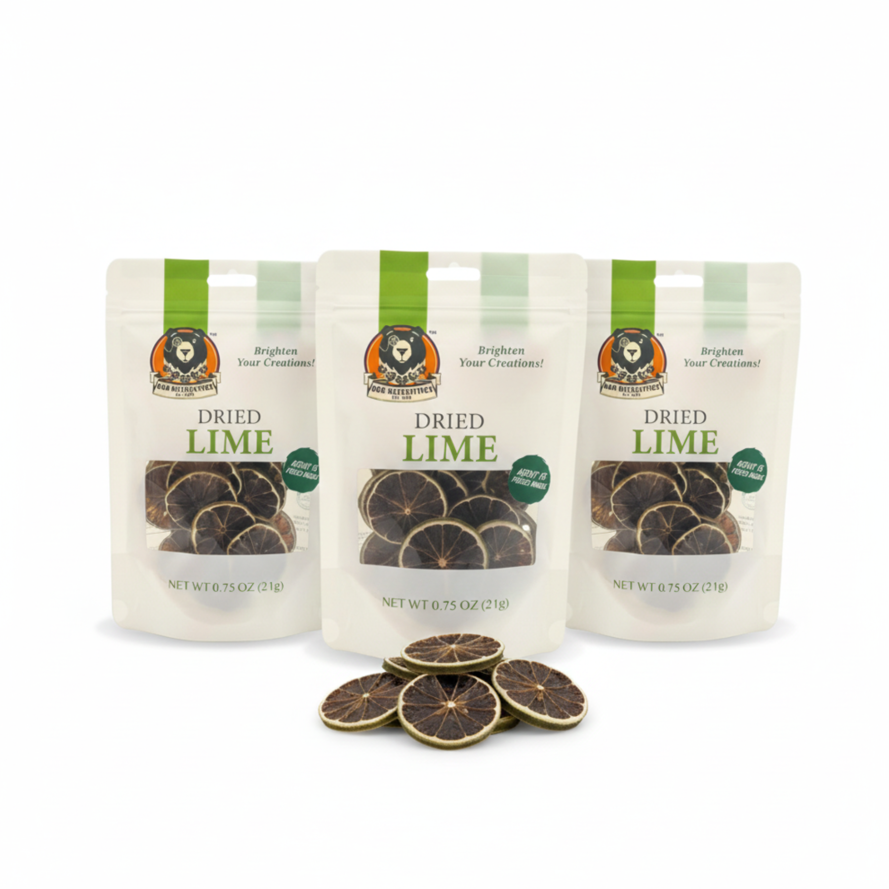 Three packages of dried lime with lime slices displayed in front on a white background