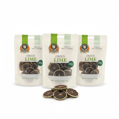 Three packages of dried lime with lime slices displayed in front on a white background