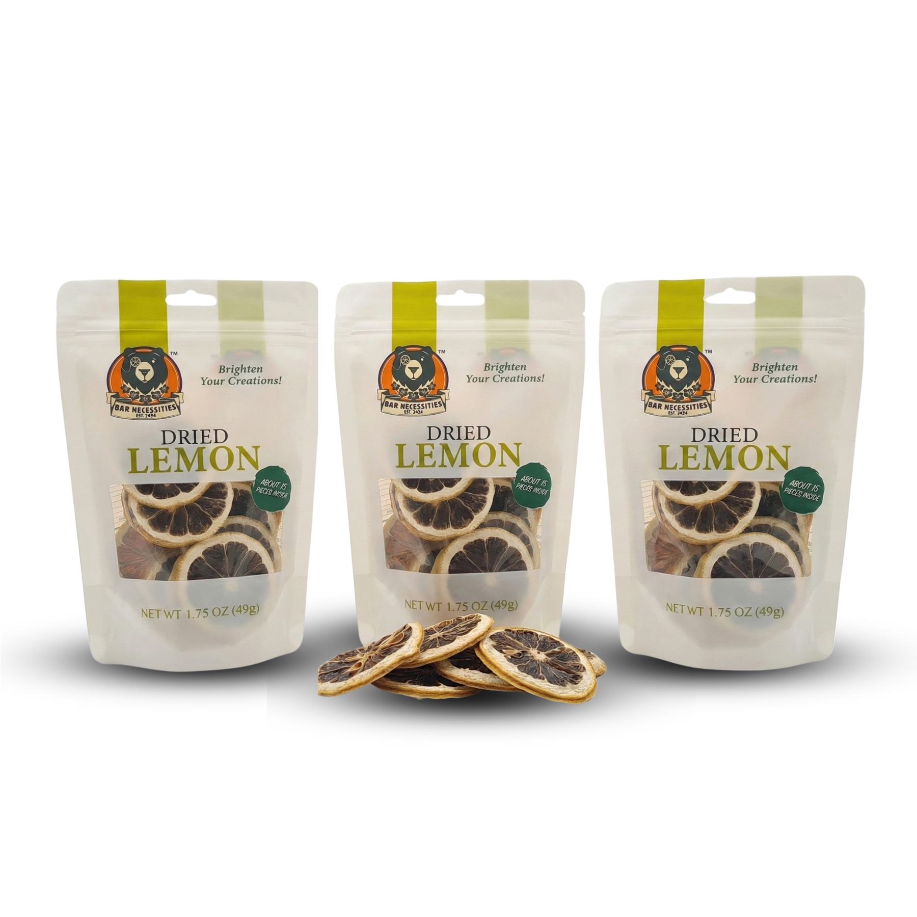 Three packages of dried lemon slices with visible lemon slices on a white background