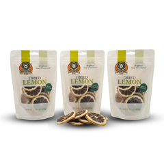 Three packages of dried lemon slices with visible lemon slices on a white background