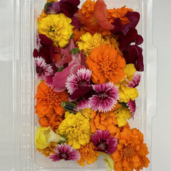 Clamshell of 30 fresh edible flowers including marigolds, dianthus, and rose petals