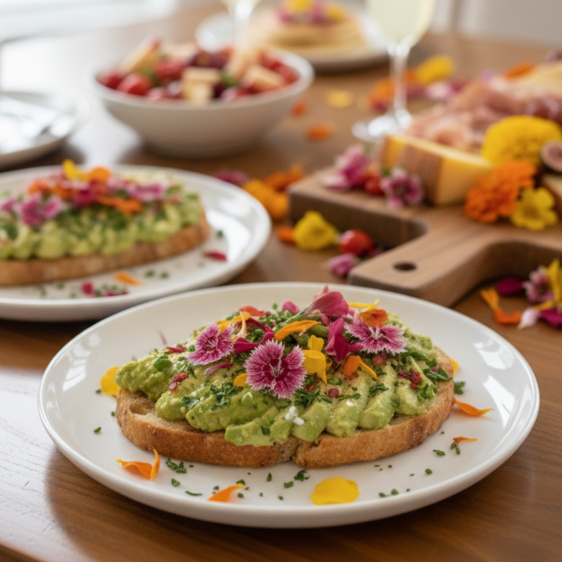 Avocado toast with floral garnishes on a wooden table with additional plates and flowers.