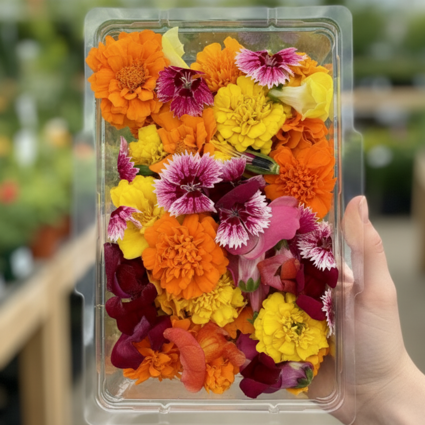 Hand holding a clear container filled with colorful marigold flowers.