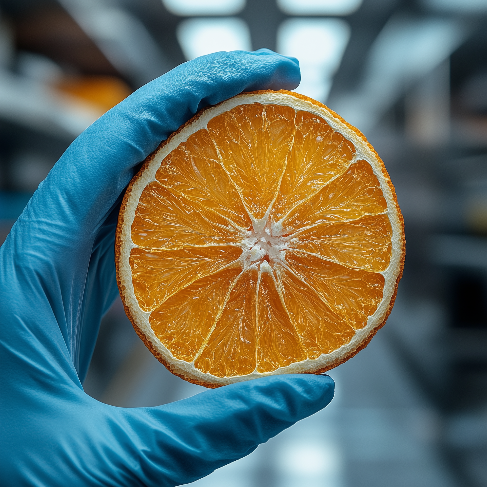Close-up of gloved hand holding dried citrus garnish for cocktail preparation